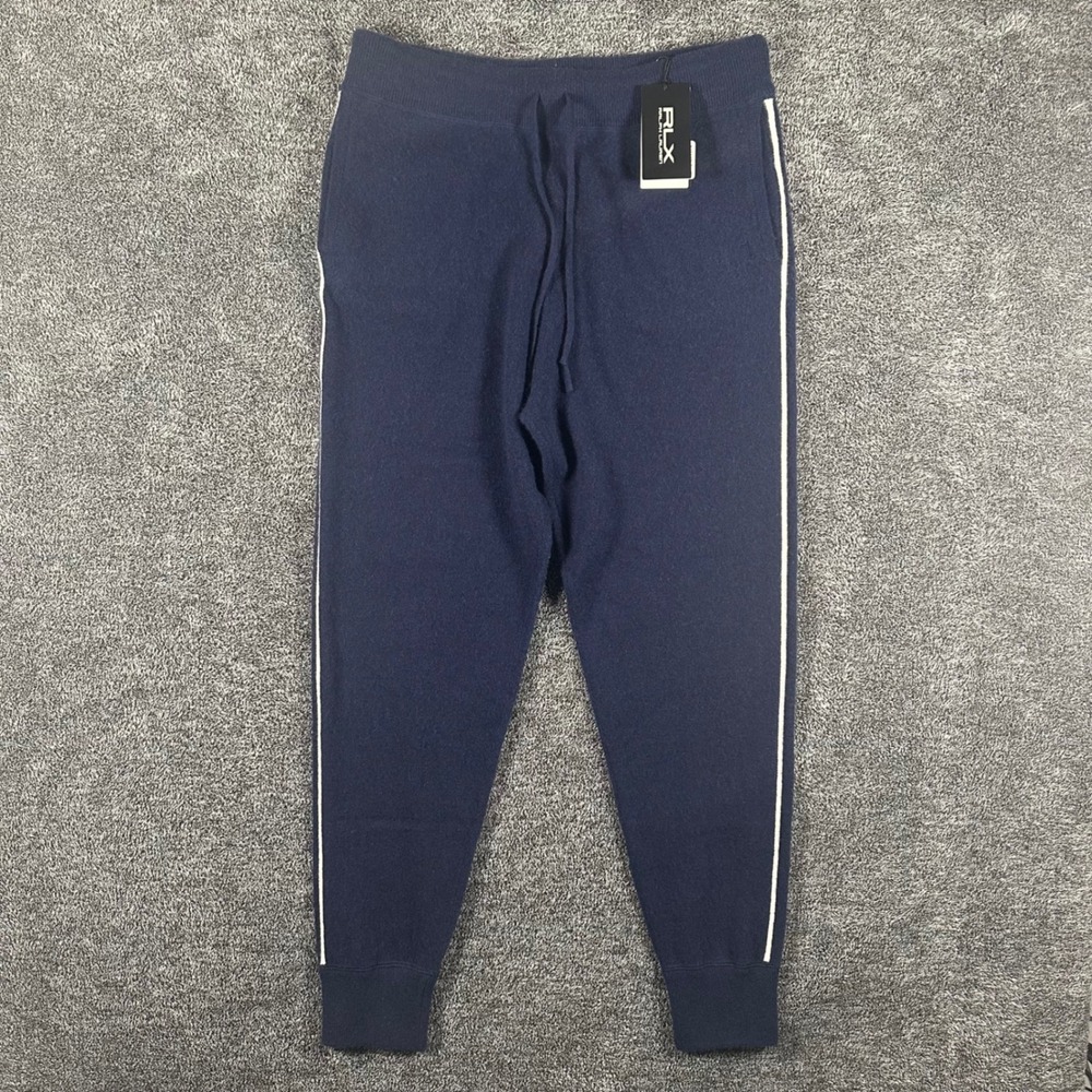 RLX Ralph Lauren Joggers Womens M Cashmere Navy Blue Side Stripe NEW